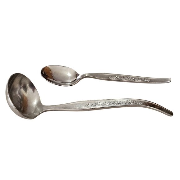 Elden Vintage Flower Ladle & Sugar Spoon SS Rose serving Midcentury Colonial EDL - Picture 3 of 5